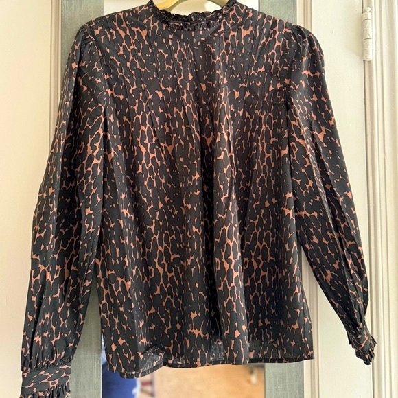 Rails Ariana Savannah Leopard Ruffle High Neck Print Long Sleeve Cotton Blouse - Picture 2 of 10